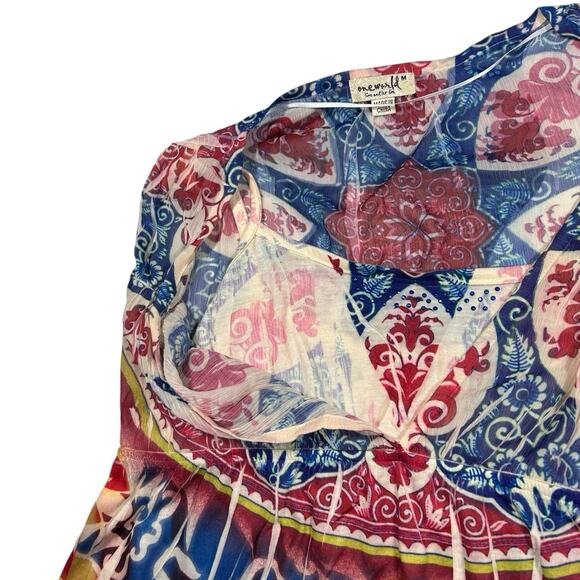 One World M Red Blue Layered Babydoll Top Rhinestone Boho Bling Y2K Fairy - Picture 3 of 11